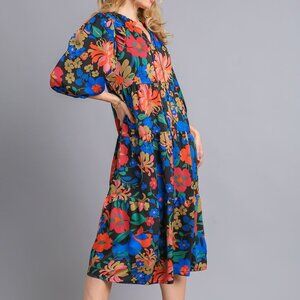 Umgee Floral Midi Dress in Black with Red, Blue & Green Accents